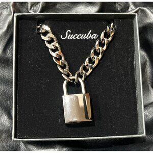 Succuba Silver Tone Padlock Necklace With Chain & Keys 16.5" Chain